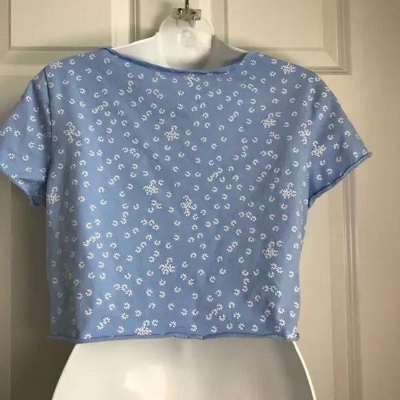 SHEIN Ditsy Flowers Ruched Neckline Periwinkle Crop Top Large Lavender - Picture 10 of 11